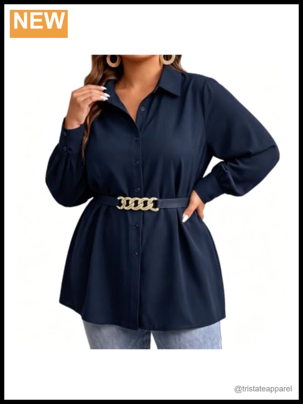 Plus Size Puff Sleeve Button Down Blouse with Waist Belt Dressy Top